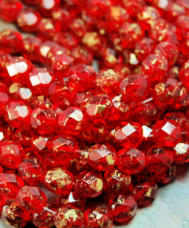 Czech Glass Beads, 4mm Faceted, Fire Polished in  Marbled Gold - Siam Ruby-50 Main Image