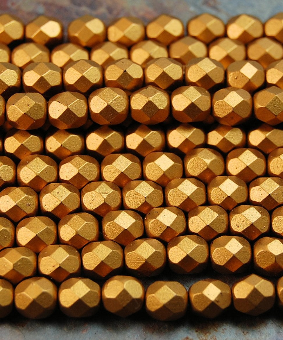 Matte Metallic Antique Gold Czech Glass Firepolished 6mm Beads -25