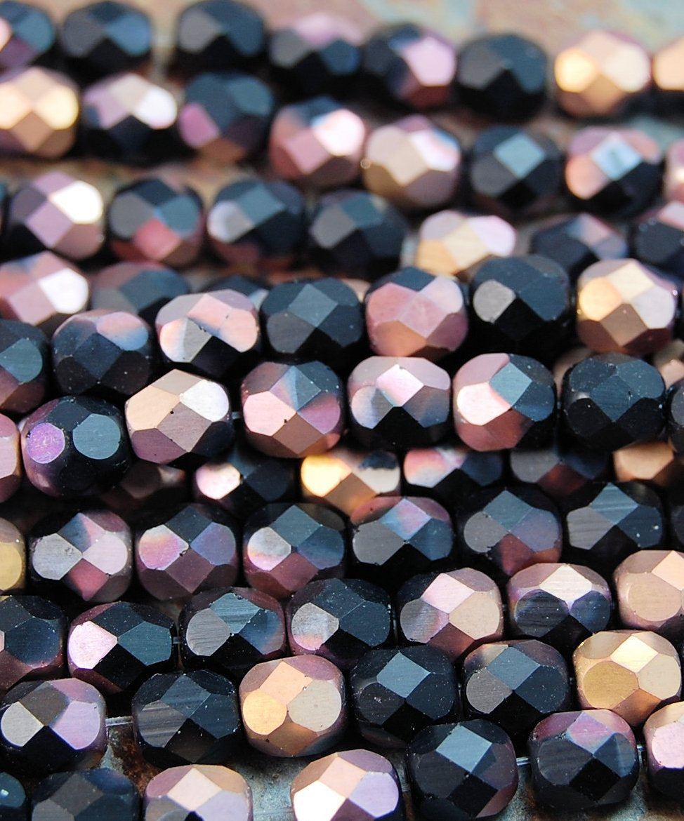 Matte Apollo - Jet Czech Glass Faceted 6mm Beads -25