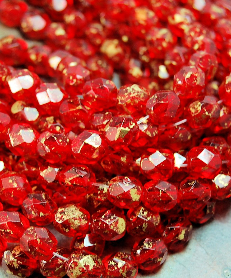 Czech Glass Beads, 4mm Faceted, Fire Polished in  Marbled Gold - Siam Ruby-50