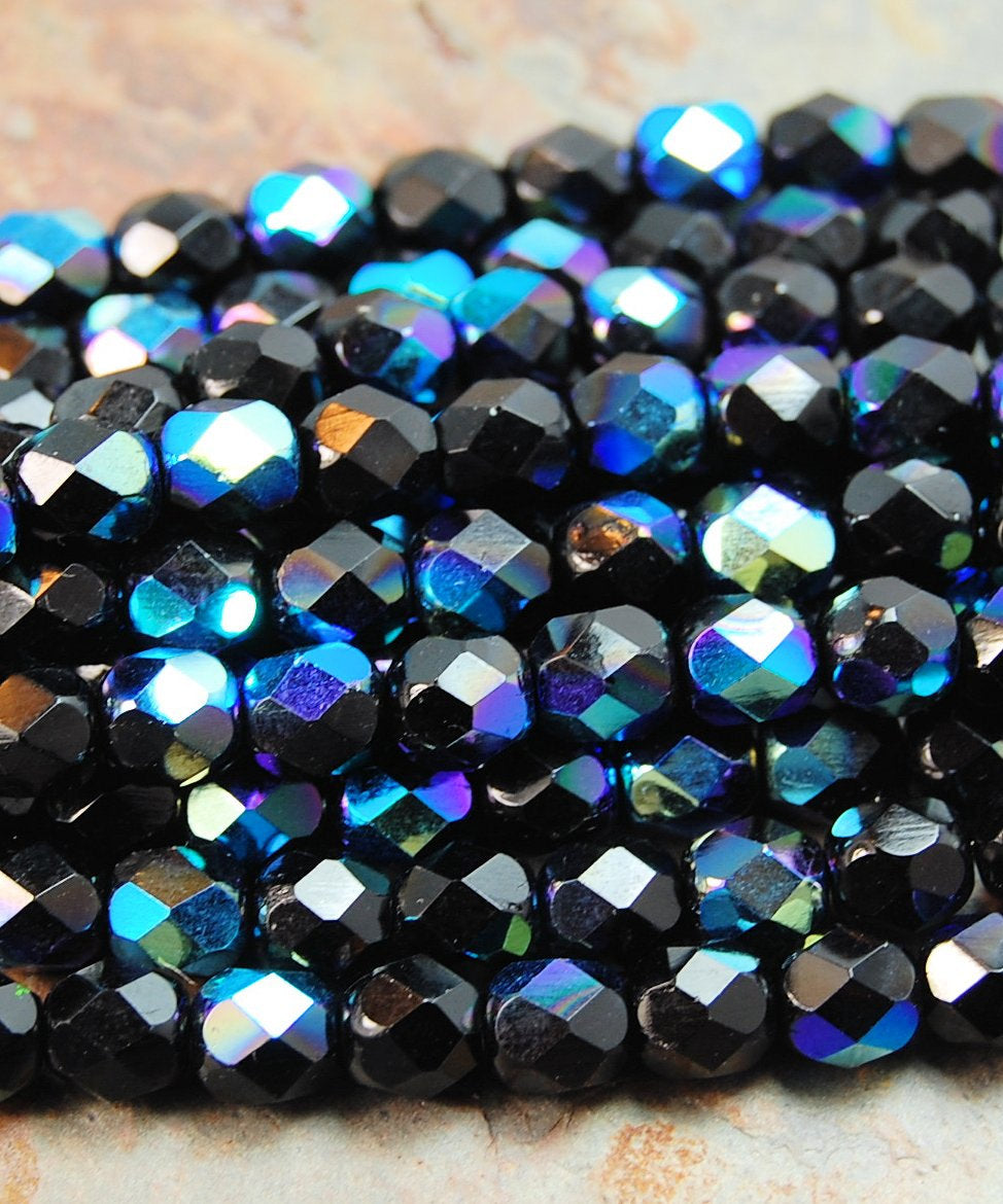 AB Jet Czech Glass Faceted 6mm Beads -25