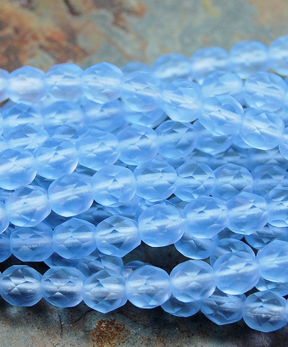 Matte: Lt. Sapphire Czech Glass Firepolished 6mm Beads -25