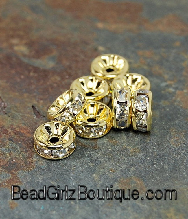 Gold Rhinestone Beads, Grade AAA, Gold Metal Color, Rondelle, Crystal, 6x3mm, 8x3.8mm, 10x4mm Main Image