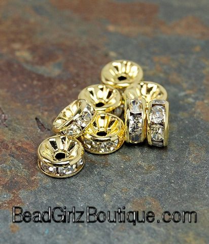 Gold Rhinestone Beads, Grade AAA, Gold Metal Color, Rondelle, Crystal, 6x3mm, 8x3.8mm, 10x4mm- 25