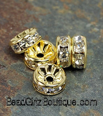 Gold Rhinestone Beads, Grade AAA, Gold Metal Color, Rondelle, Crystal, 6x3mm, 8x3.8mm, 10x4mm
