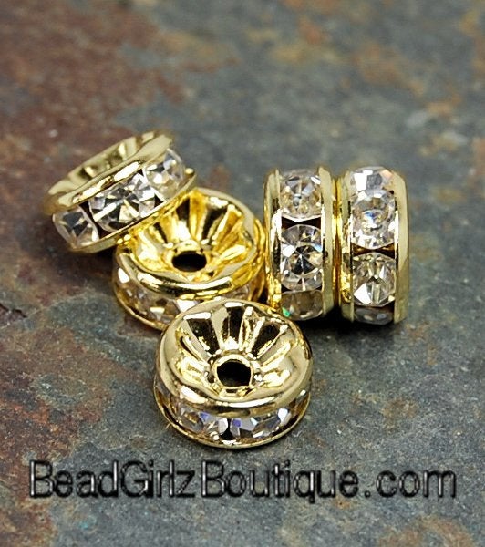 Gold Rhinestone Beads, Grade AAA, Gold Metal Color, Rondelle, Crystal, 6x3mm, 8x3.8mm, 10x4mm- 25