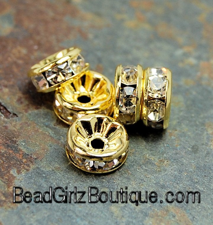 Gold Rhinestone Beads, Grade AAA, Gold Metal Color, Rondelle, Crystal, 6x3mm, 8x3.8mm, 10x4mm