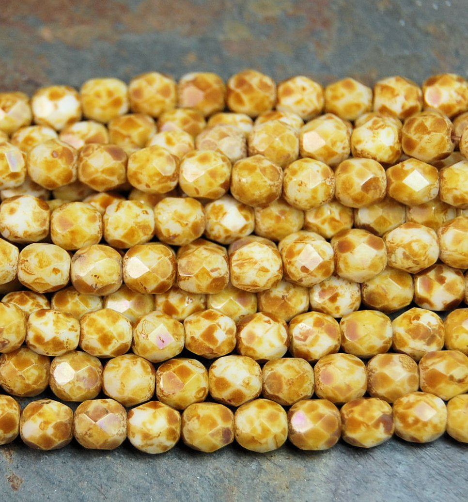 Opaque White Picasso Firepolish Czech Glass Faceted Bead 6mm Round - 25 Pc