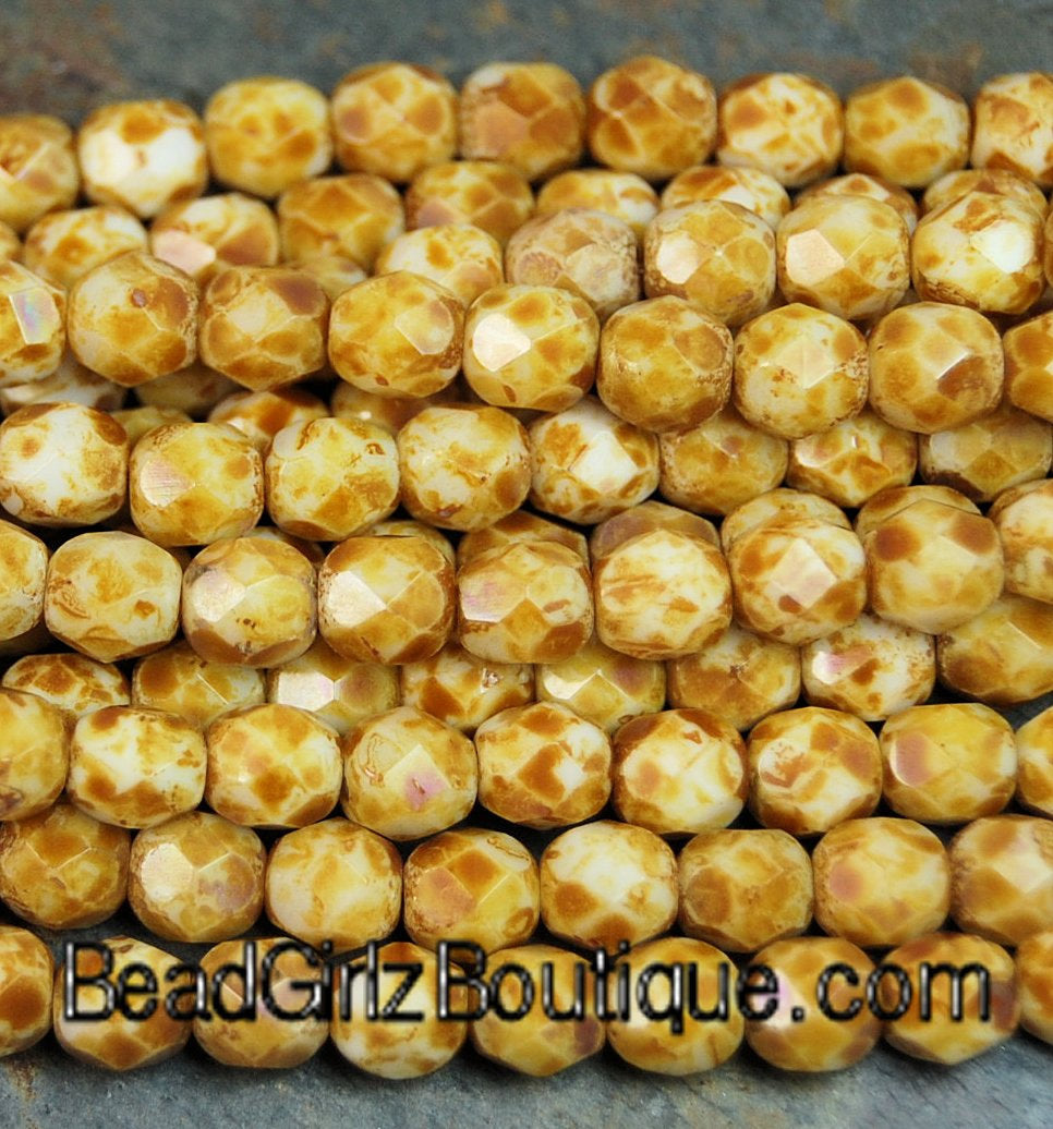 Opaque White Picasso Firepolish Czech Glass Faceted Bead 4mm Round - 50 Pc