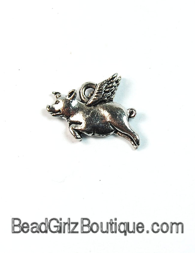 Flying Pig, Pig with Wings, Silver Pewter Charm -1 Main Image