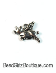 Flying Pig, Pig with Wings, Silver Pewter Charm -1