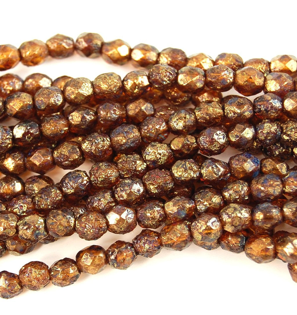 Czech Bead Firepolish 6mm : Stone Copper Picasso Topaz - 25 Pieces