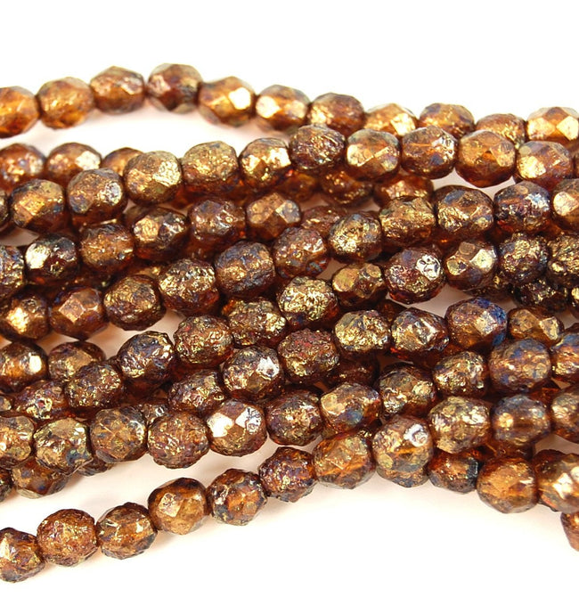 Czech Bead Firepolish 6mm : Stone Copper Picasso Topaz - 25 Pieces Hover Image