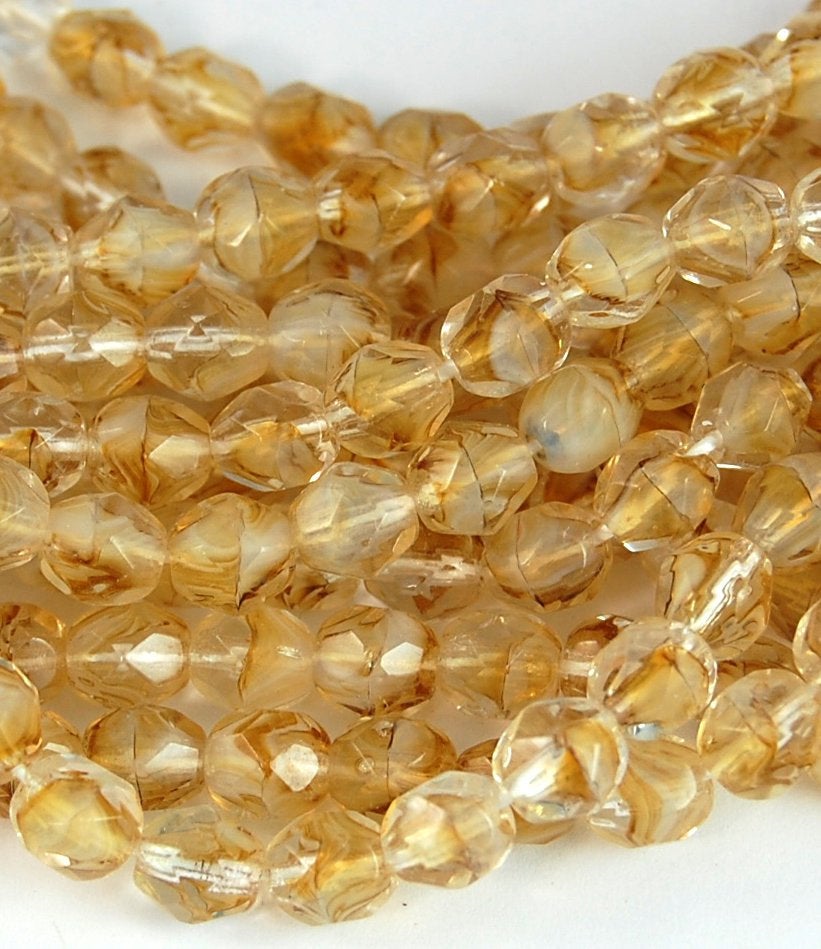 Crystal/Brown/White Czech Glass Faceted Bead 6mm Round - 25 Pc