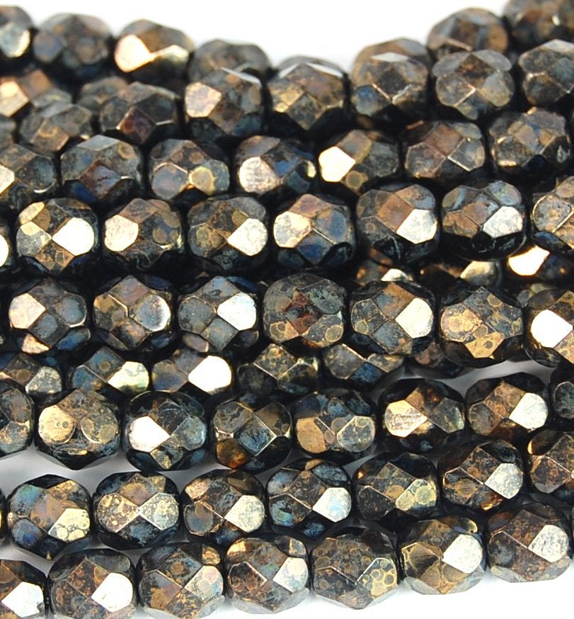Jet Bronze Picasso Czech Glass Faceted 4mm Beads -50