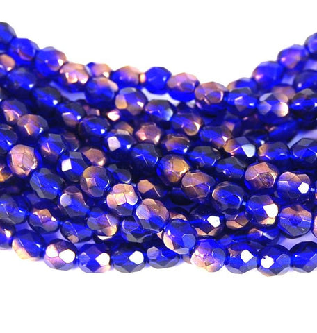 4mm Cobalt Blue Copper Czech Glass Beads   - 50