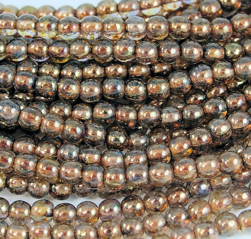 Czech Glass Round 4mm Gold Smoky Topaz Luster Beads  -100