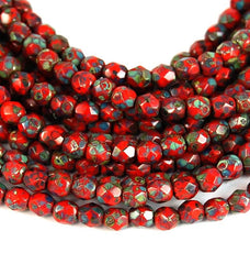 Opaque Bright Orange Picasso  Faceted Czech Glass Bead 4mm Round - 50 Pc