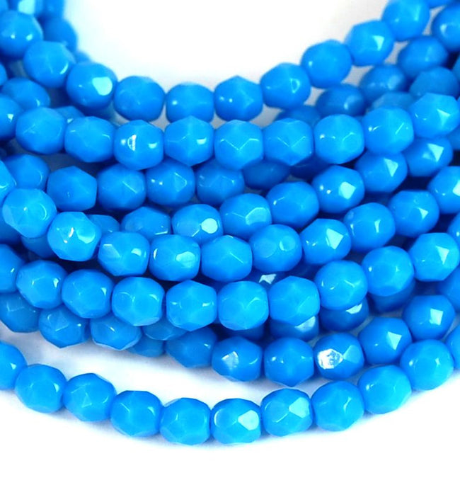 Opaque Blue Turquoise Czech Glass Faceted Bead 4mm Round - 50 Pc Hover Image