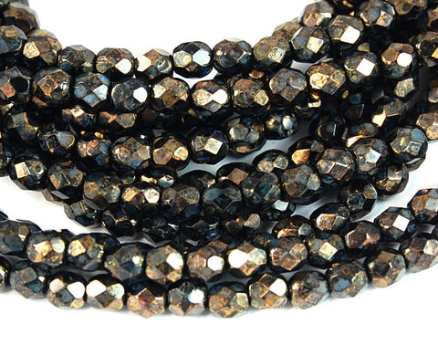 Jet Bronze Picasso Czech Glass Faceted 4mm Beads -50