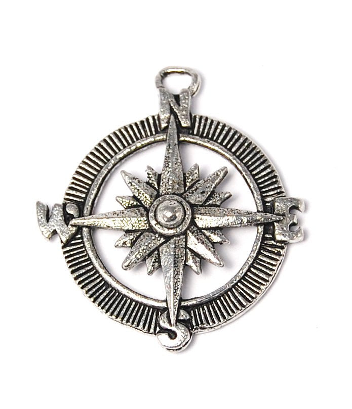 Antique Silver Compass Charm Pewter -1
